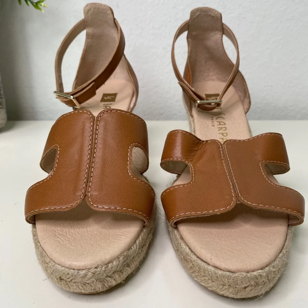 La Scarpa Paris Espadrille Wedge Sandals‎ Ankle Strap Open Toe Tan Leather EU 37